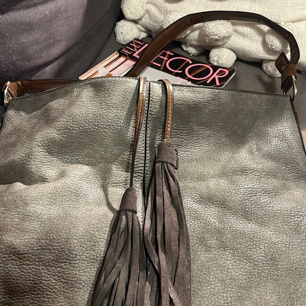 Moda Luxe Grey Leather hobo with brown leather trim. So much better in person!